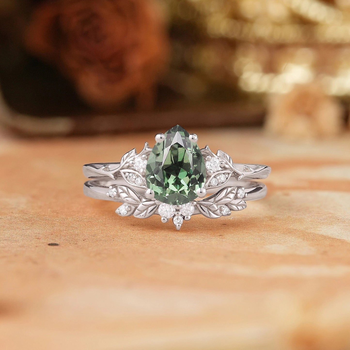 Pear Green Sapphire Leaf Inspired Bridal Ring Set - GemsMagic - GemsMagic
