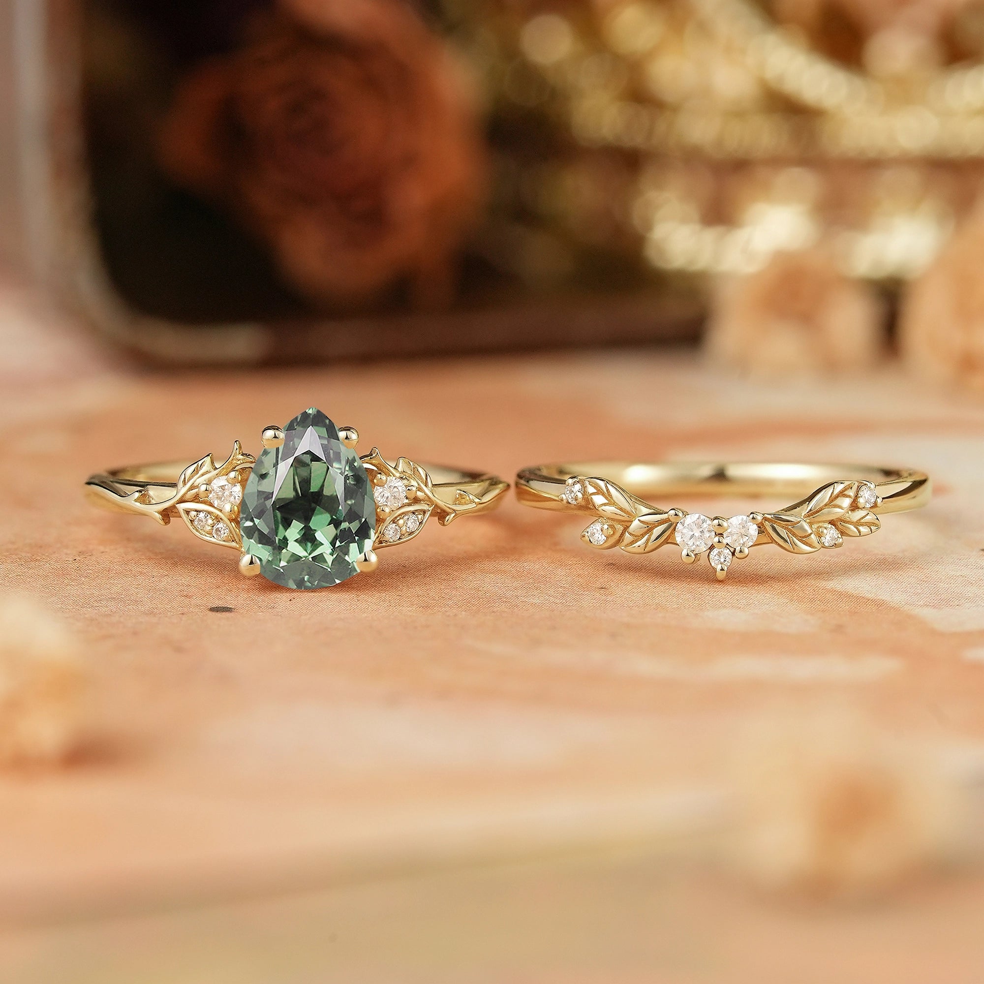 Pear Green Sapphire Leaf Inspired Bridal Ring Set - GemsMagic - GemsMagic