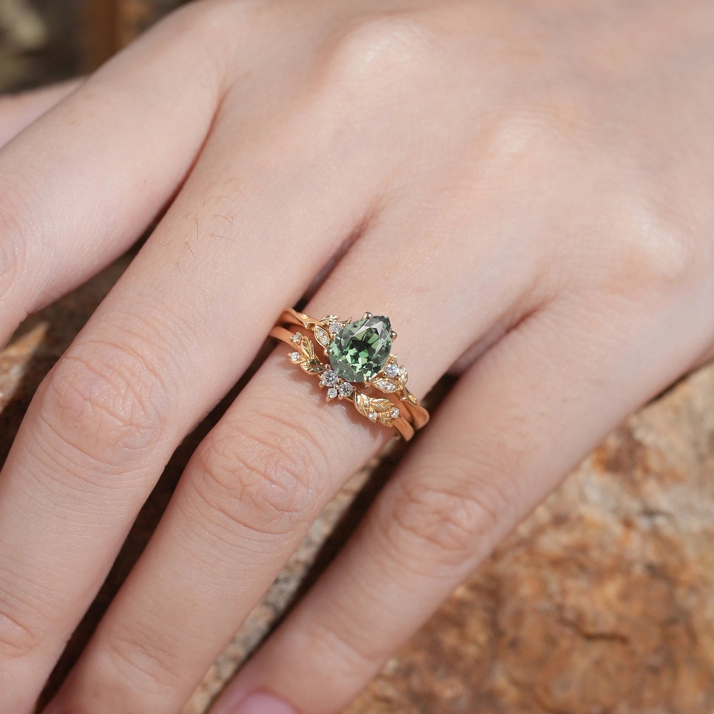 Pear Green Sapphire Leaf Inspired Bridal Ring Set - GemsMagic - GemsMagic