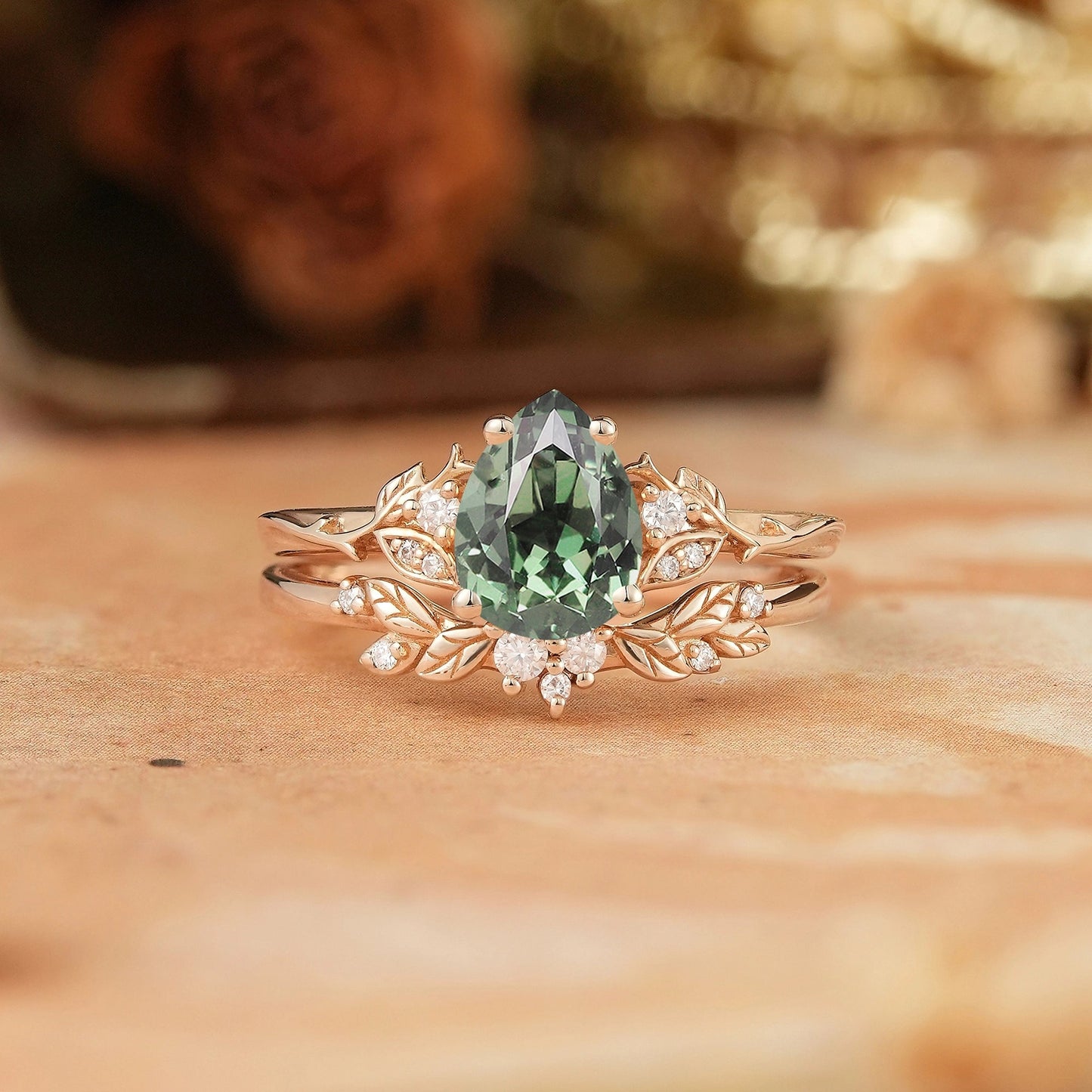 Pear Green Sapphire Leaf Inspired Bridal Ring Set - GemsMagic - GemsMagic
