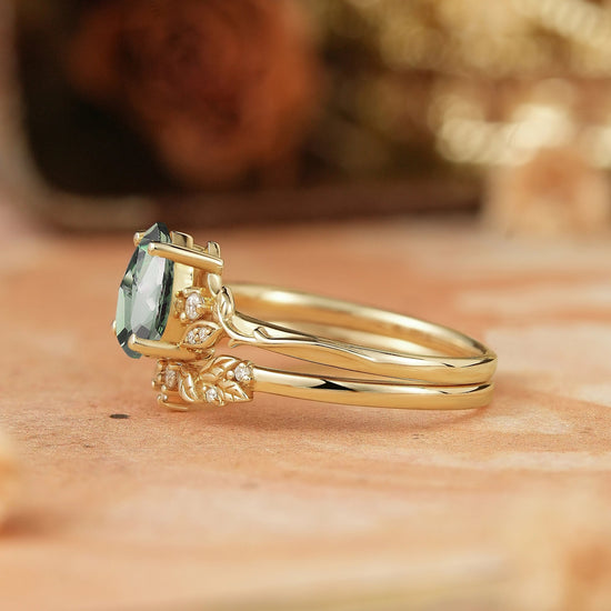 Pear Green Sapphire Leaf Inspired Bridal Ring Set - GemsMagic - GemsMagic