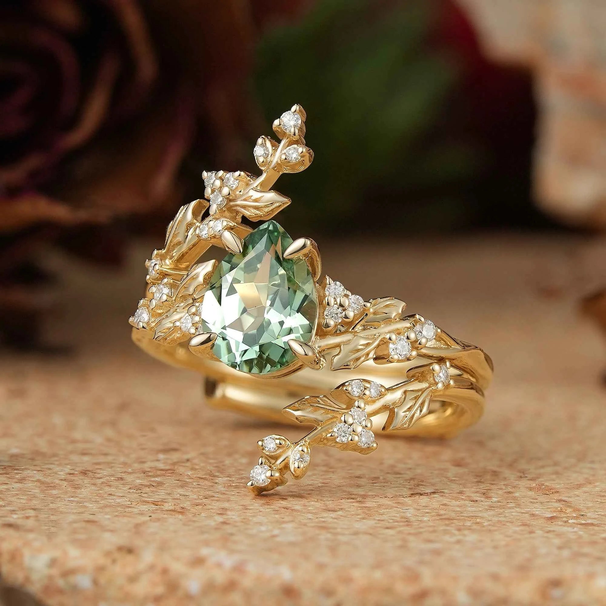 Pear Green Sapphire Nature Inspired Bridal Enhancer Ring Set Mistletoe Ring Set 2pcs - GemsMagic