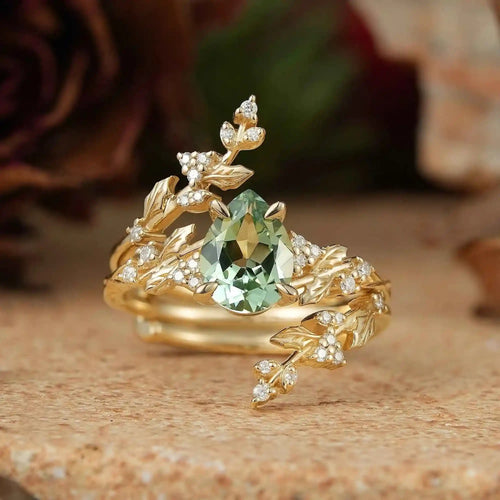 Pear Green Sapphire Nature Inspired Bridal Enhancer Ring Set Mistletoe Ring Set 2pcs