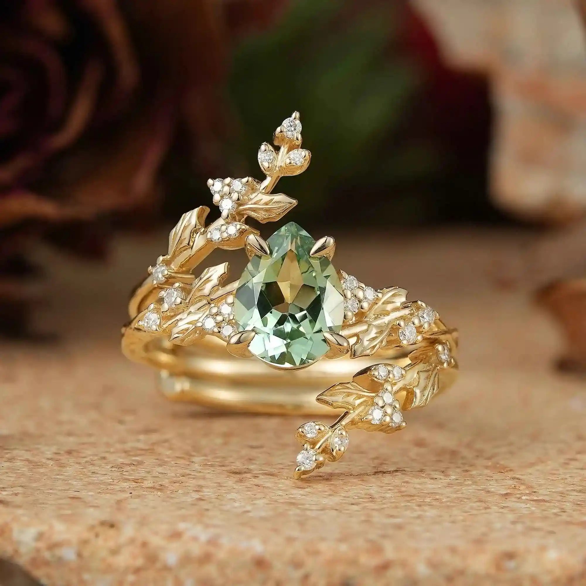 Pear Green Sapphire Nature Inspired Bridal Enhancer Ring Set Mistletoe Ring Set 2pcs