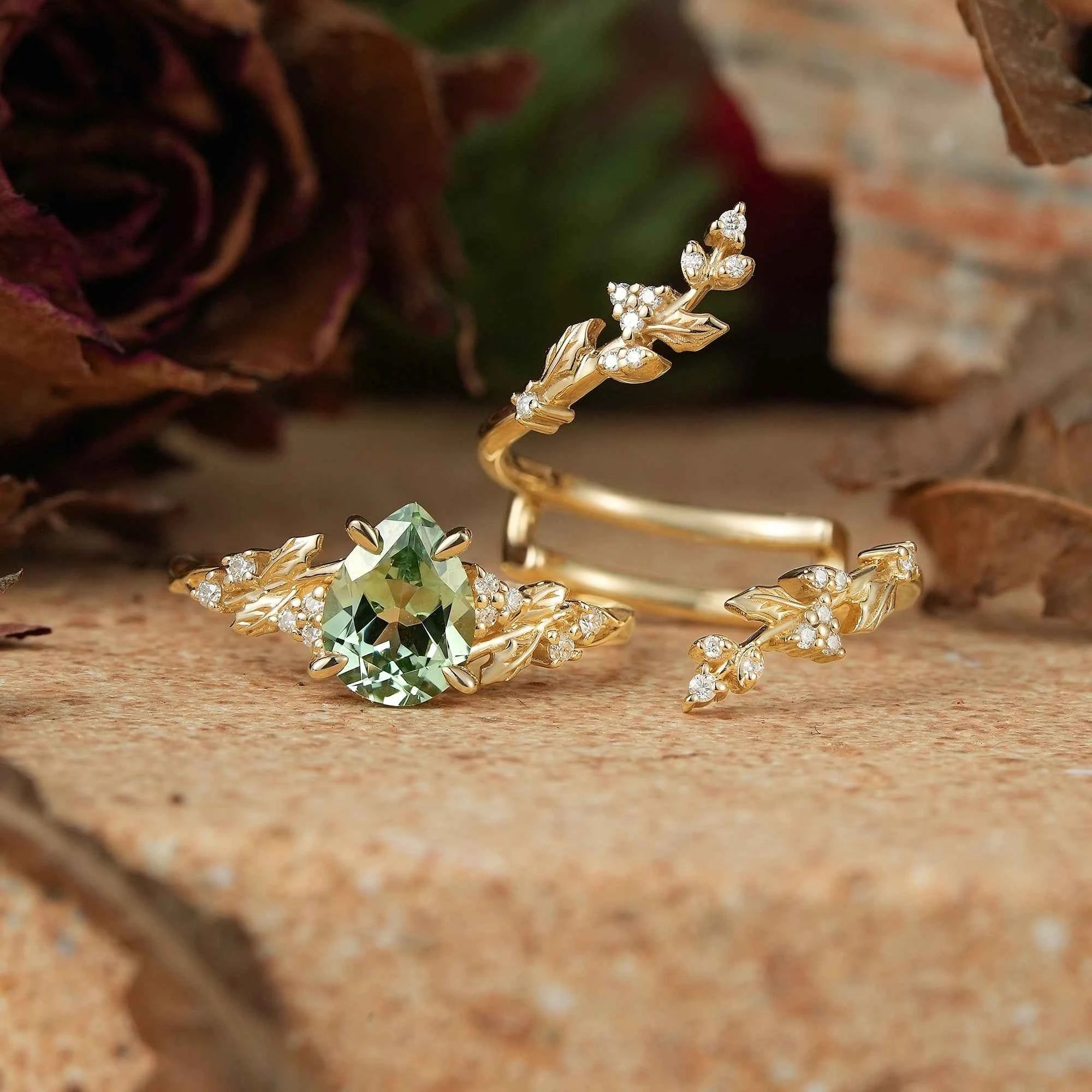 Pear Green Sapphire Nature Inspired Bridal Enhancer Ring Set Mistletoe Ring Set 2pcs - GemsMagic