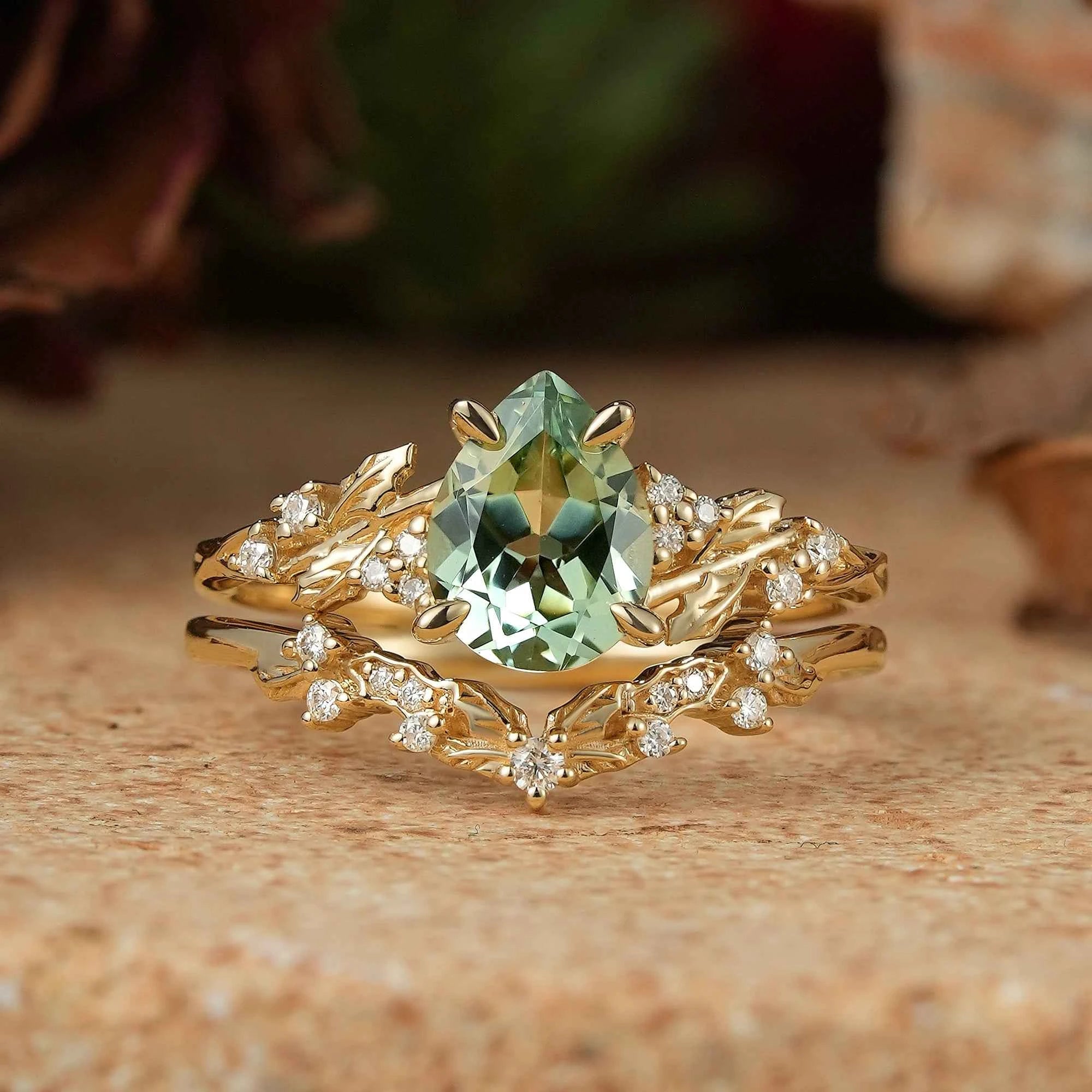 Pear Green Sapphire Nature Inspired Bridal Ring Set Mistletoe Ring Set - GemsMagic