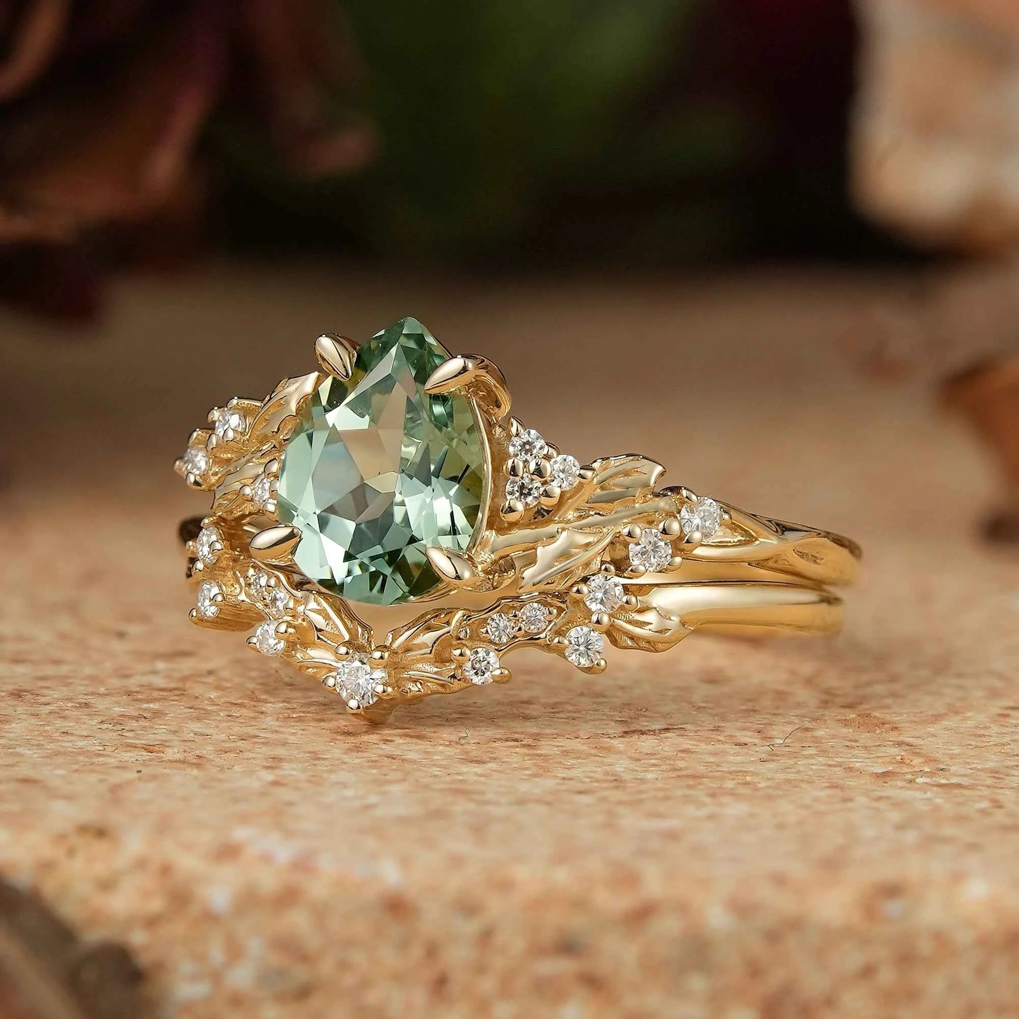 Pear Green Sapphire Nature Inspired Bridal Ring Set Mistletoe Ring Set - GemsMagic