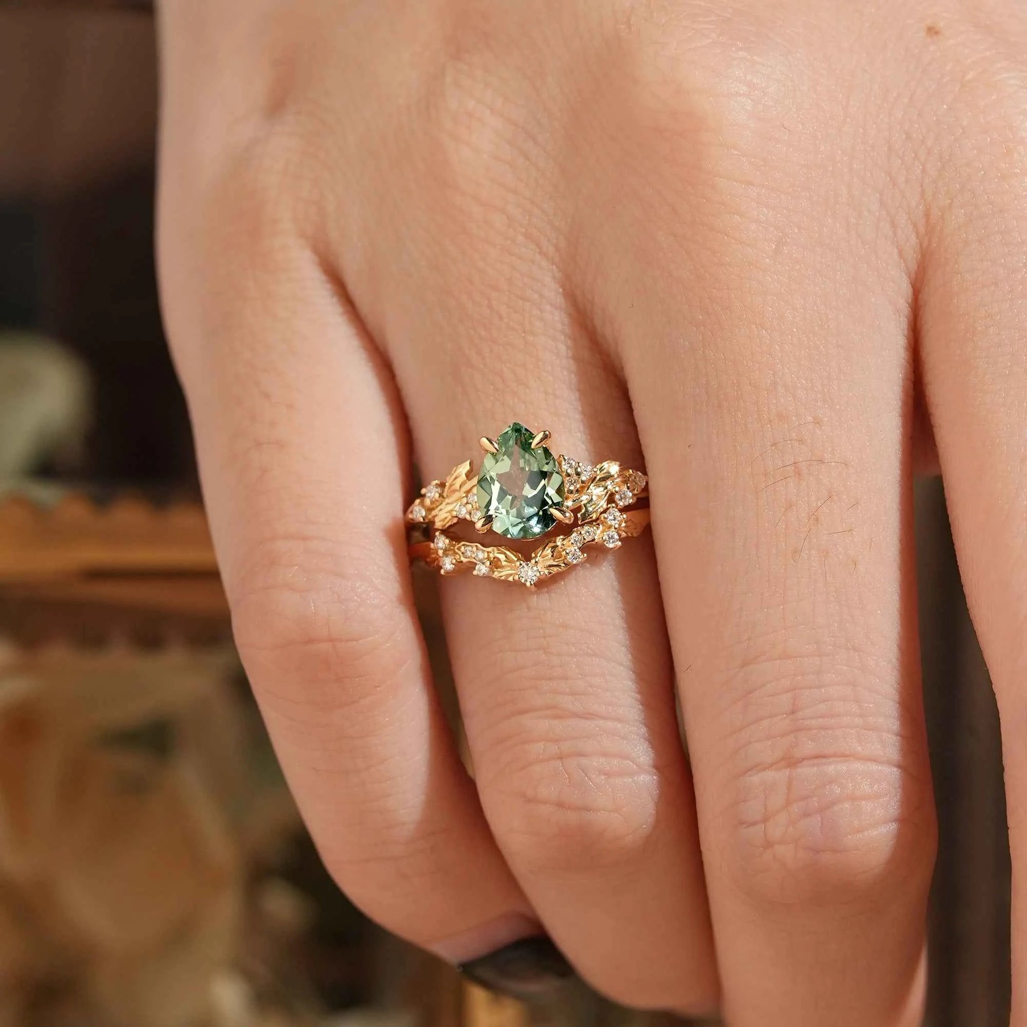 Pear Green Sapphire Nature Inspired Bridal Ring Set Mistletoe Ring Set - GemsMagic