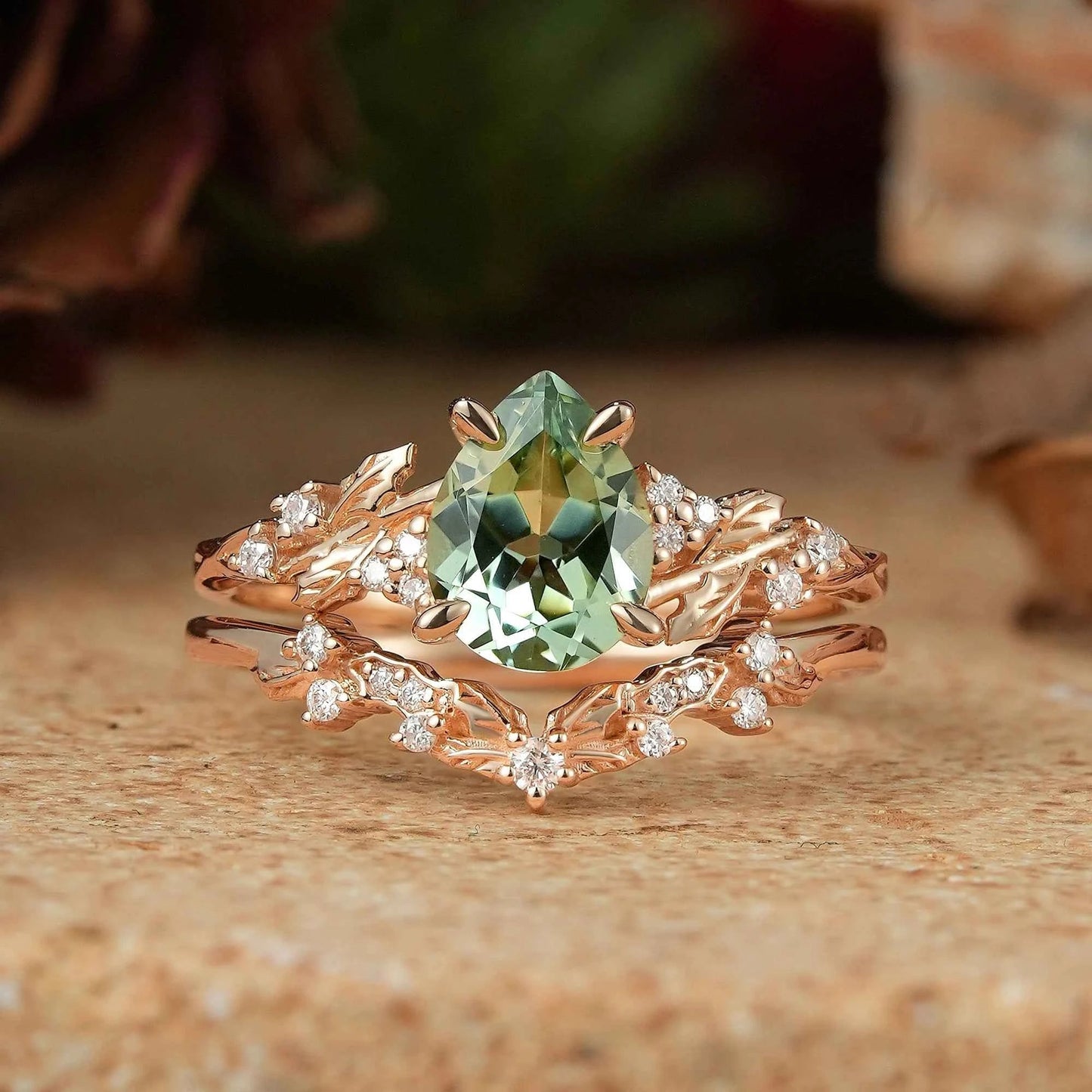 Pear Green Sapphire Nature Inspired Bridal Ring Set Mistletoe Ring Set - GemsMagic
