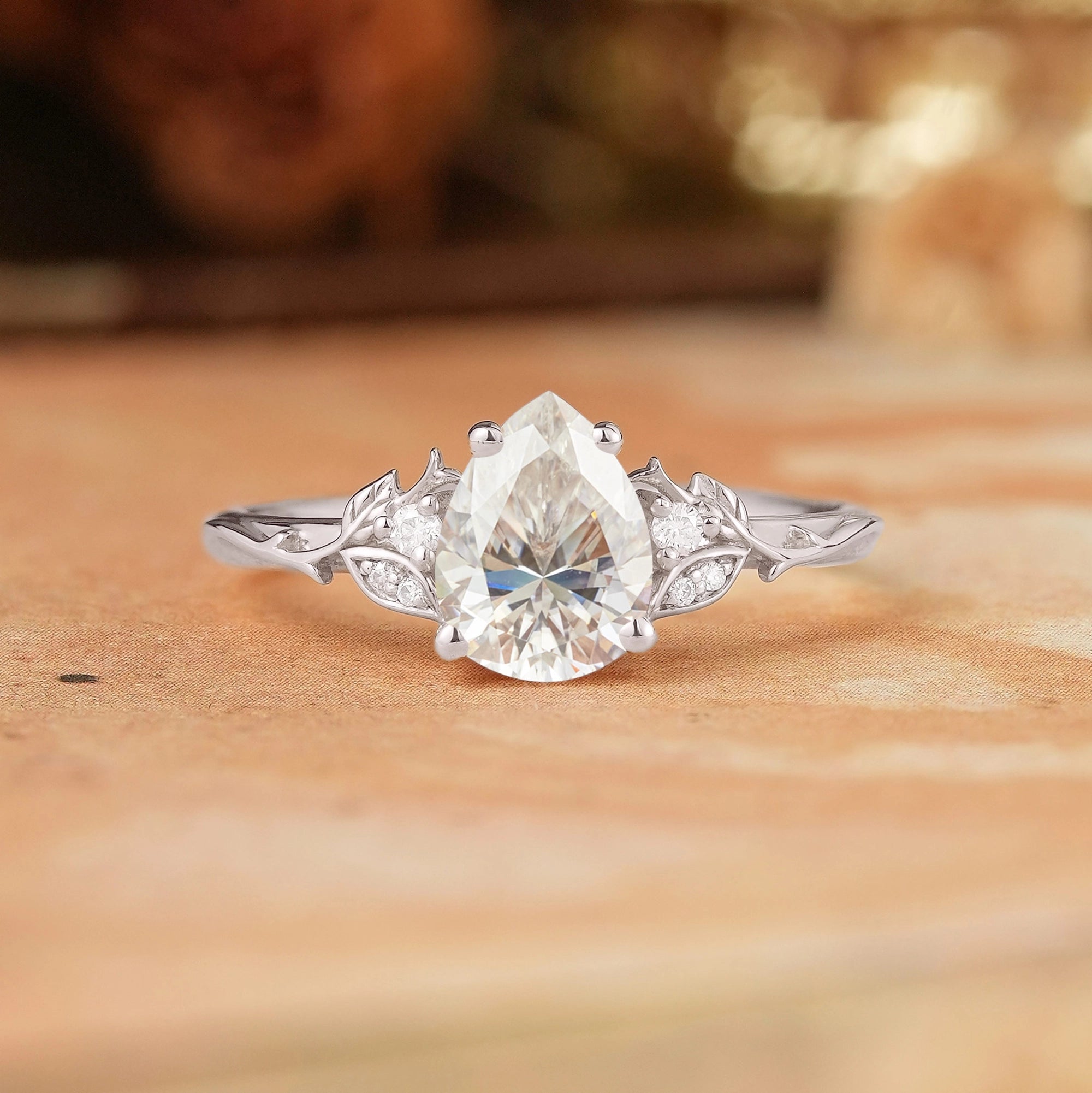 Pear Moissanite Leaf And Vine Inspired Engagament Ring | GemsMagic - GemsMagic