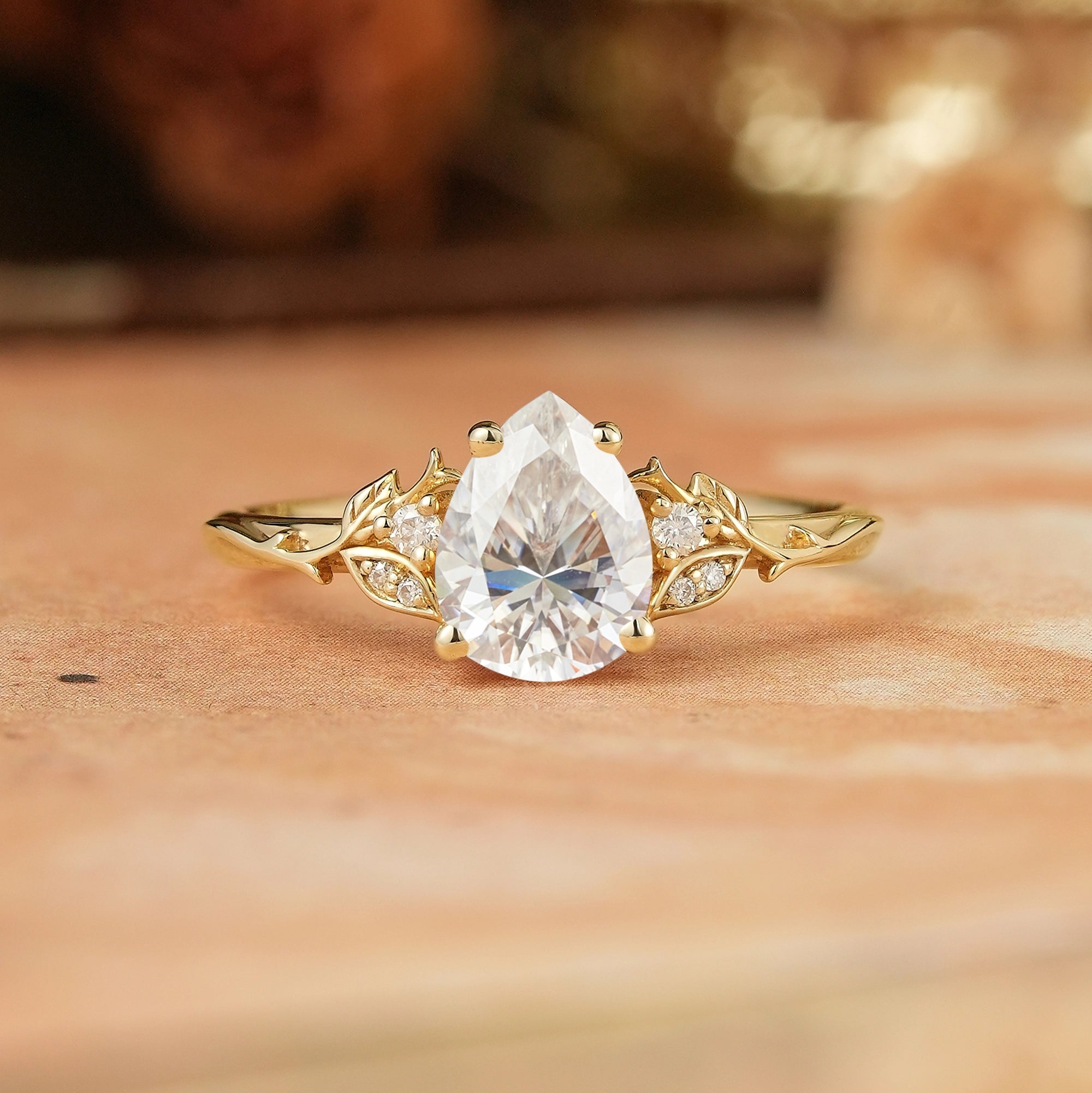 Pear Moissanite Leaf And Vine Inspired Engagament Ring | GemsMagic - GemsMagic