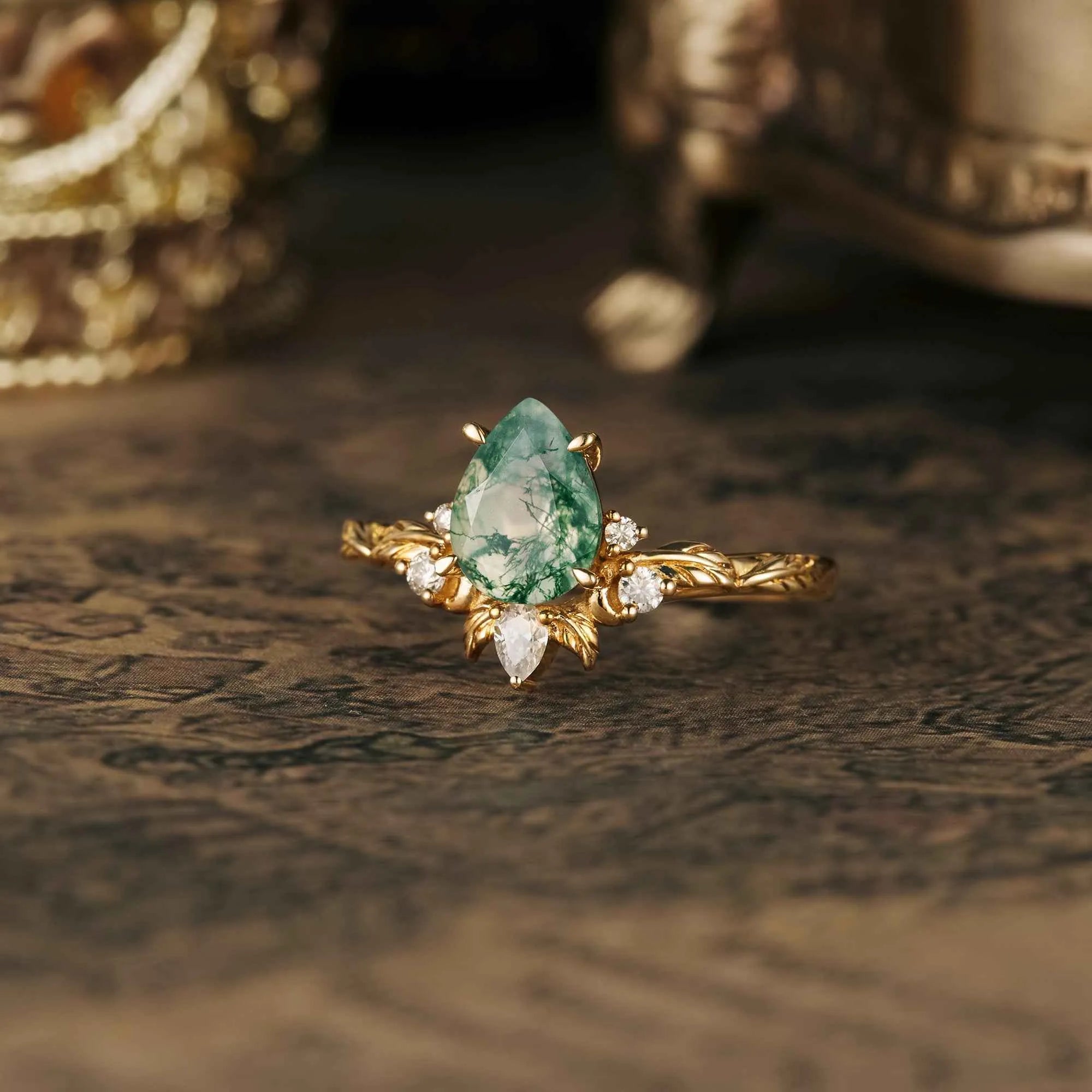 Pear Moss Agate Leaf Engagement Ring - GemsMagic - GemsMagic