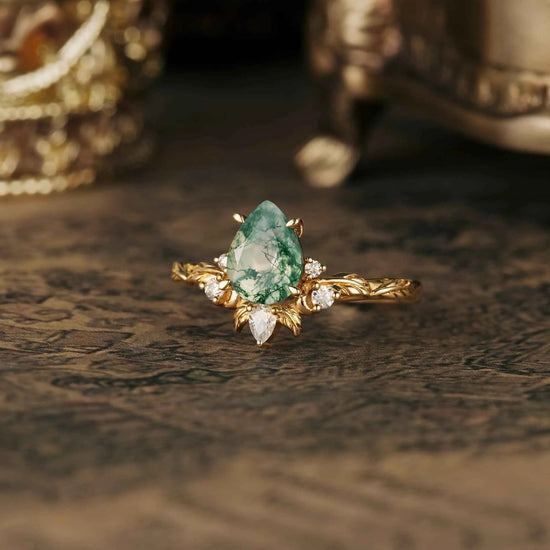 Pear Moss Agate Leaf Engagement Ring - GemsMagic - GemsMagic