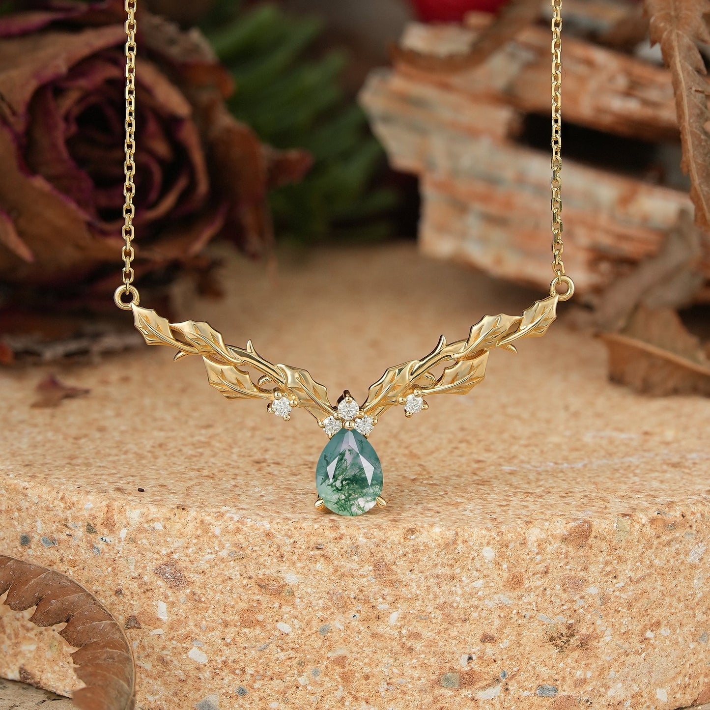Pear Moss Agate Leaf Inspired Mistletoe Necklace Christmas Gift For Her - GemsMagic