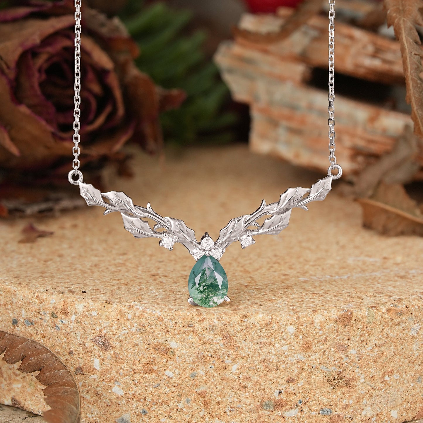 Pear Moss Agate Leaf Inspired Mistletoe Necklace Christmas Gift For Her - GemsMagic