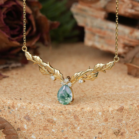 Pear Moss Agate Leaf Inspired Mistletoe Necklace Christmas Gift For Her - GemsMagic