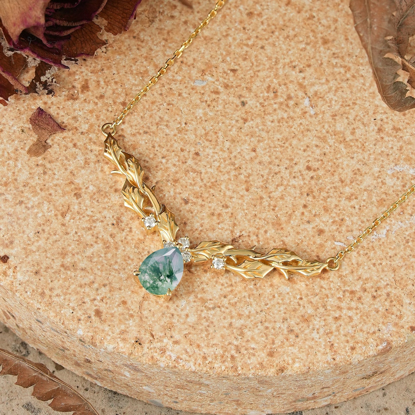 Pear Moss Agate Leaf Inspired Mistletoe Necklace Christmas Gift For Her - GemsMagic