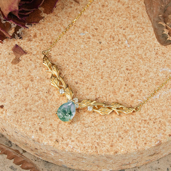 Pear Moss Agate Leaf Inspired Mistletoe Necklace Christmas Gift For Her - GemsMagic