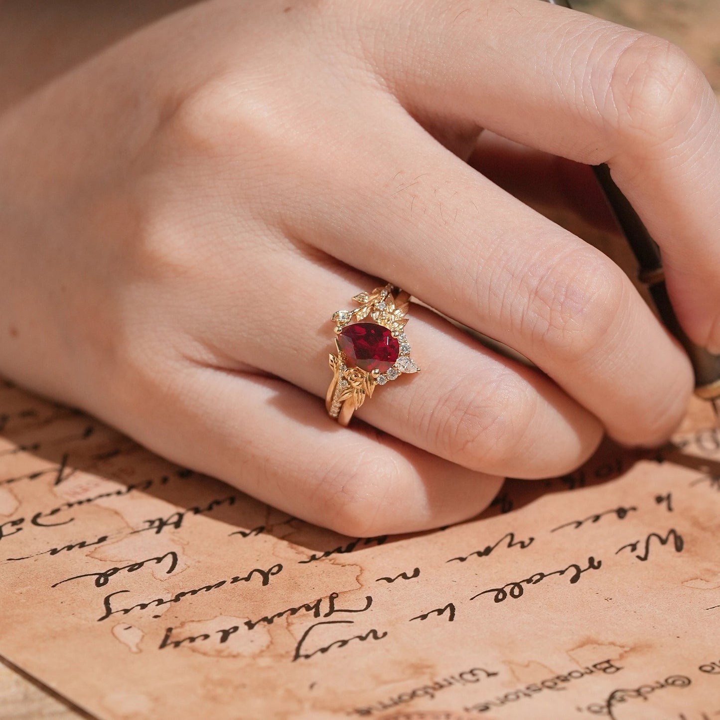 Pear Ruby Rose Gold Ring Leaf And Flower Inspired Bridal Set - GemsMgic - GemsMagic