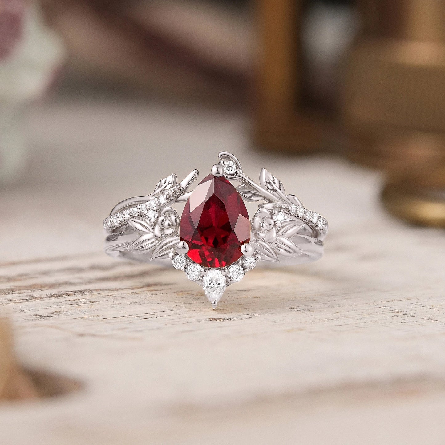 Pear Ruby Rose Gold Ring Leaf And Flower Inspired Bridal Set - GemsMgic - GemsMagic