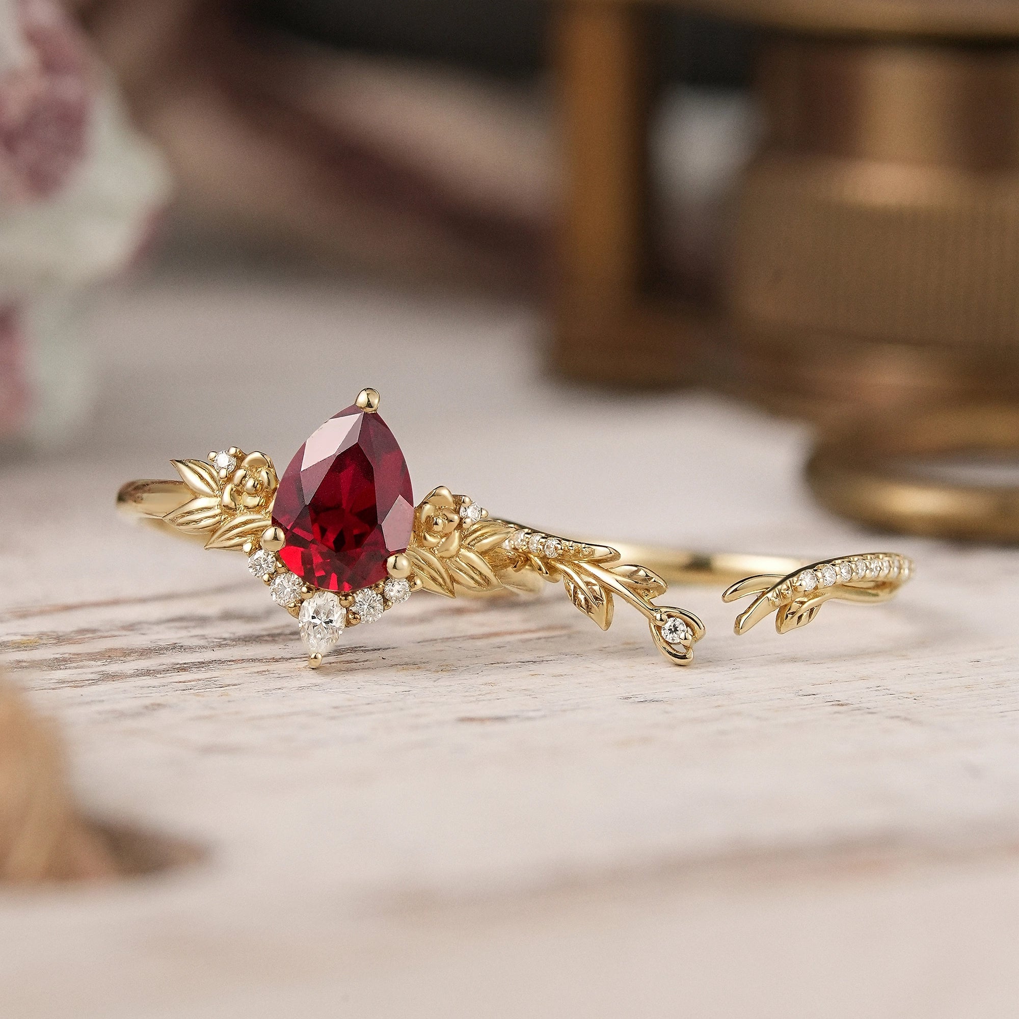 Pear Ruby Rose Gold Ring Leaf And Flower Inspired Bridal Set - GemsMgic - GemsMagic