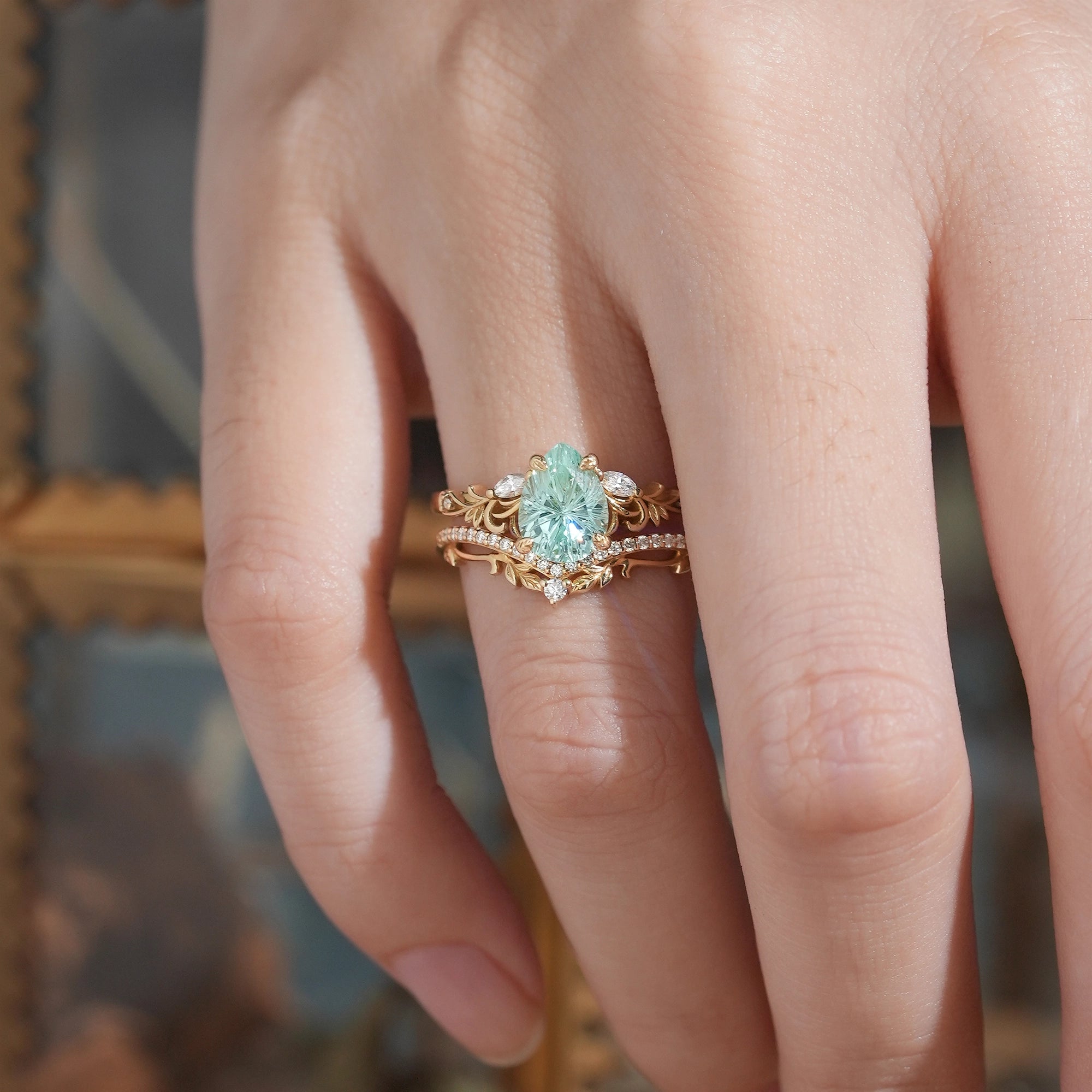 Pear Shaped Green Sapphire Sparkle Cut Nature Inspired Olive Leaf Bridal Set - GemsMagic - GemsMagic