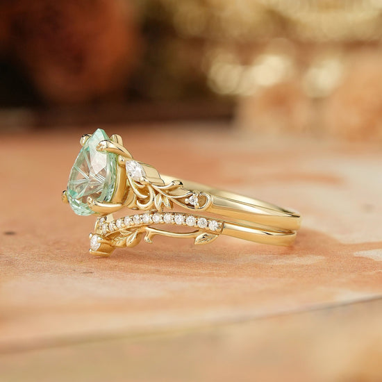 Pear Shaped Green Sapphire Sparkle Cut Nature Inspired Olive Leaf Bridal Set - GemsMagic - GemsMagic