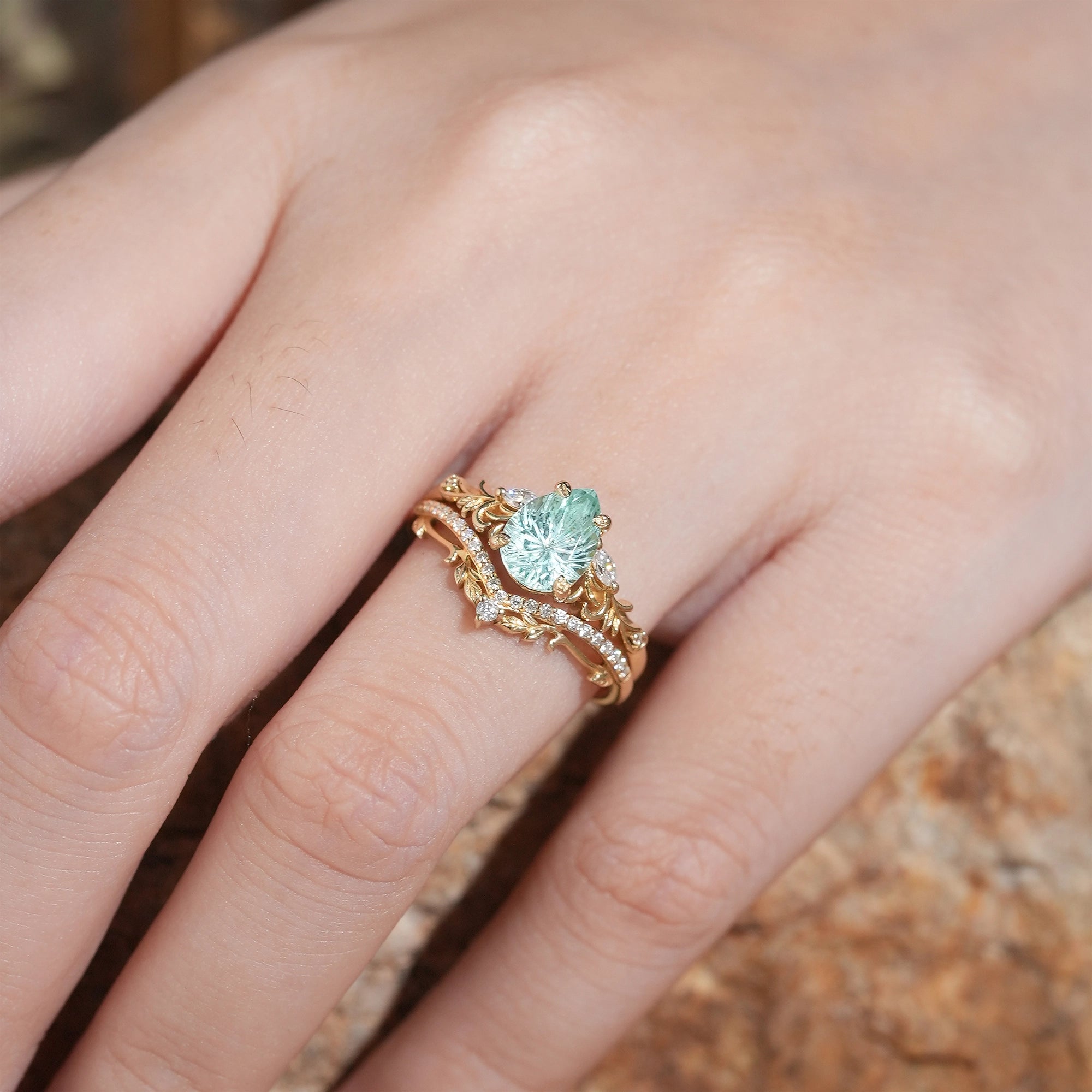 Pear Shaped Green Sapphire Sparkle Cut Nature Inspired Olive Leaf Bridal Set - GemsMagic - GemsMagic