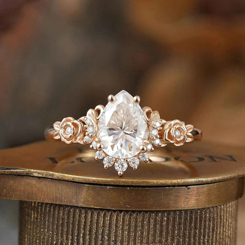 Pear-Shaped Moissanite Moon Inspired Ring Rose Blossom Engagement Ring