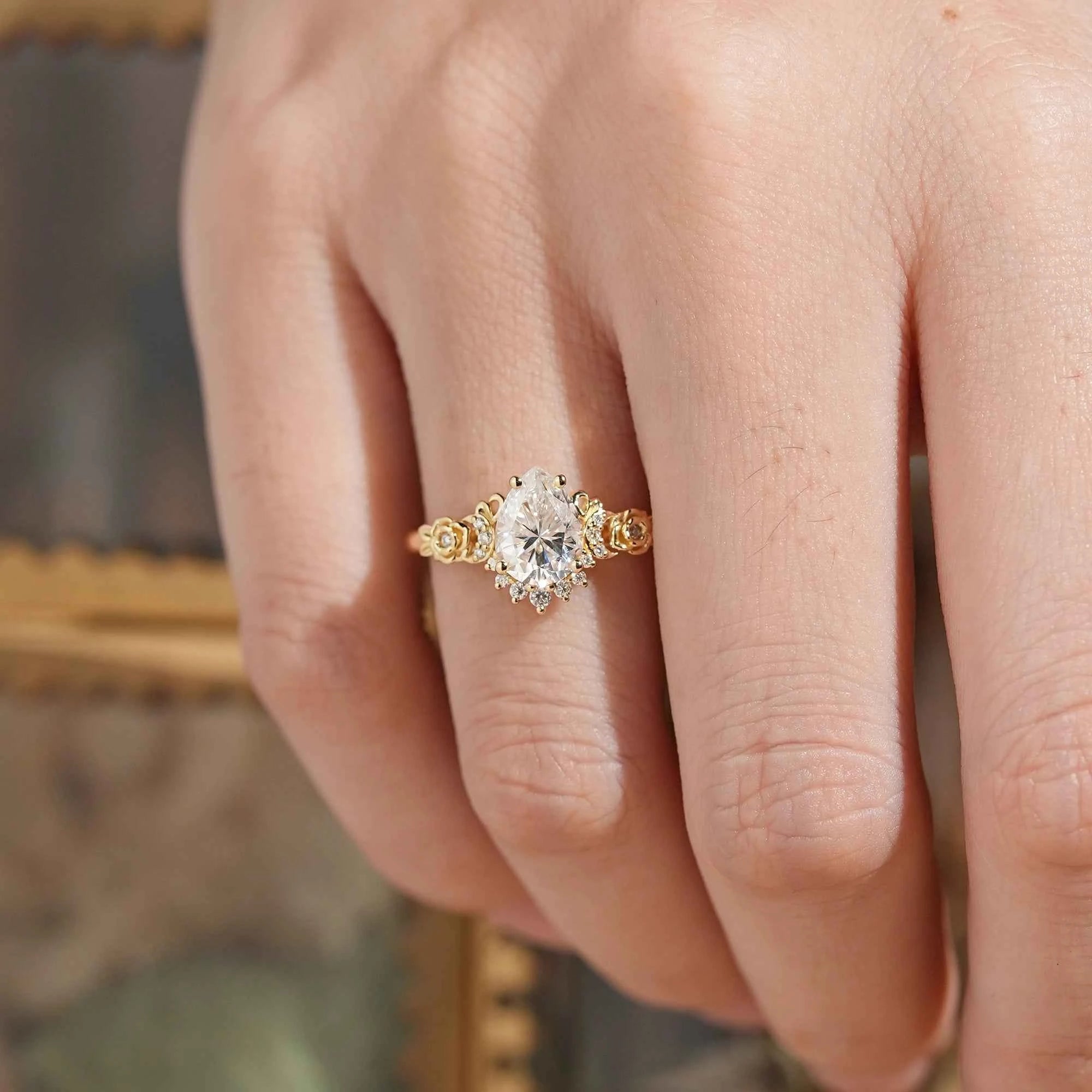 Pear - Shaped Moissanite Moon Inspired Ring Rose Blossom Engagement Ring - GemsMagic