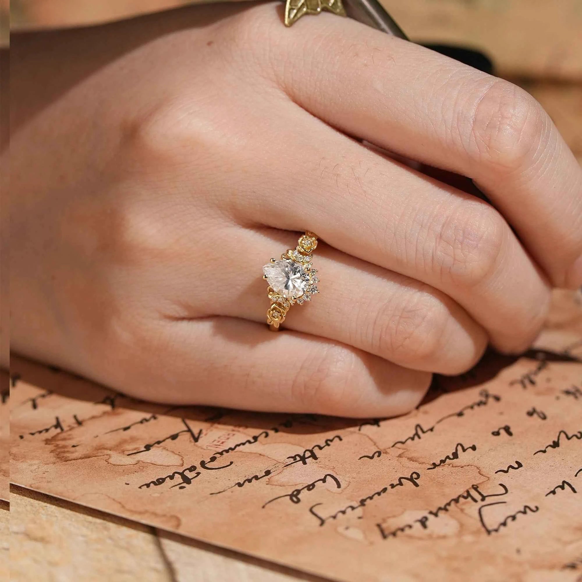 Pear - Shaped Moissanite Moon Inspired Ring Rose Blossom Engagement Ring - GemsMagic