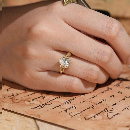 Pear - Shaped Moissanite Moon Inspired Ring Rose Blossom Engagement Ring - GemsMagic