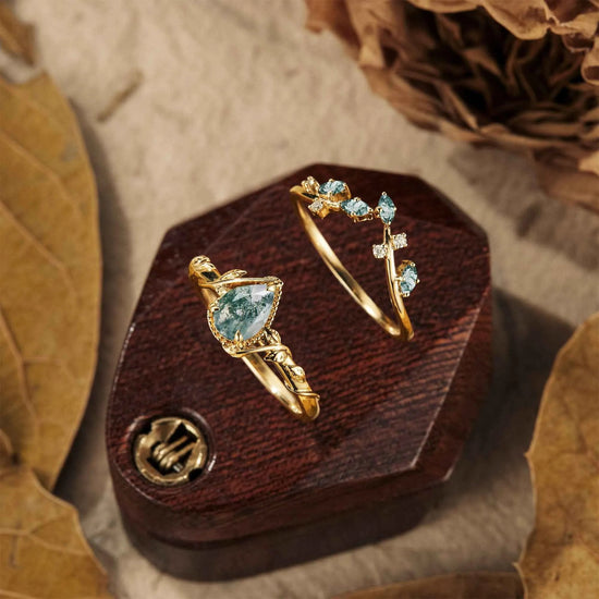 Pear Shaped Moss Agate Cluster Leaf Engagement Ring Set 2pcs - GemsMagic - GemsMagic