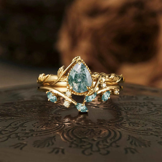 Pear Shaped Moss Agate Cluster Leaf Engagement Ring Set 2pcs - GemsMagic - GemsMagic