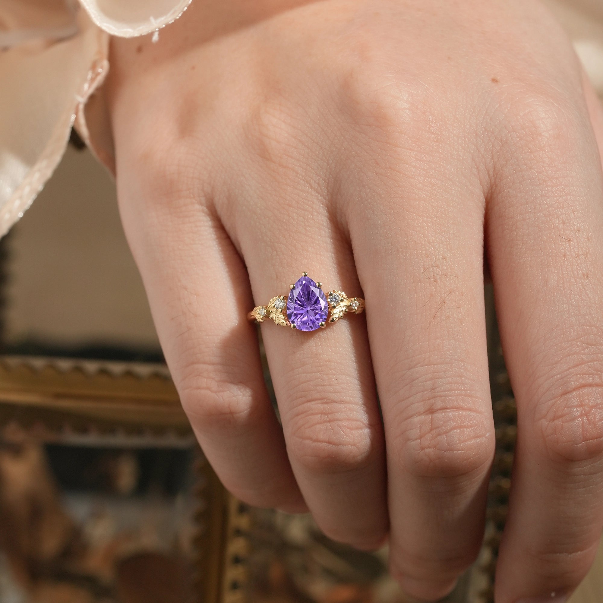 Pear Shaped Sparkle Cut Purple Sapphire Engagement Ring - Daisy - GemsMagic