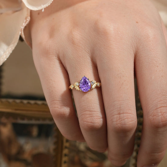 Pear Shaped Sparkle Cut Purple Sapphire Engagement Ring - Daisy - GemsMagic