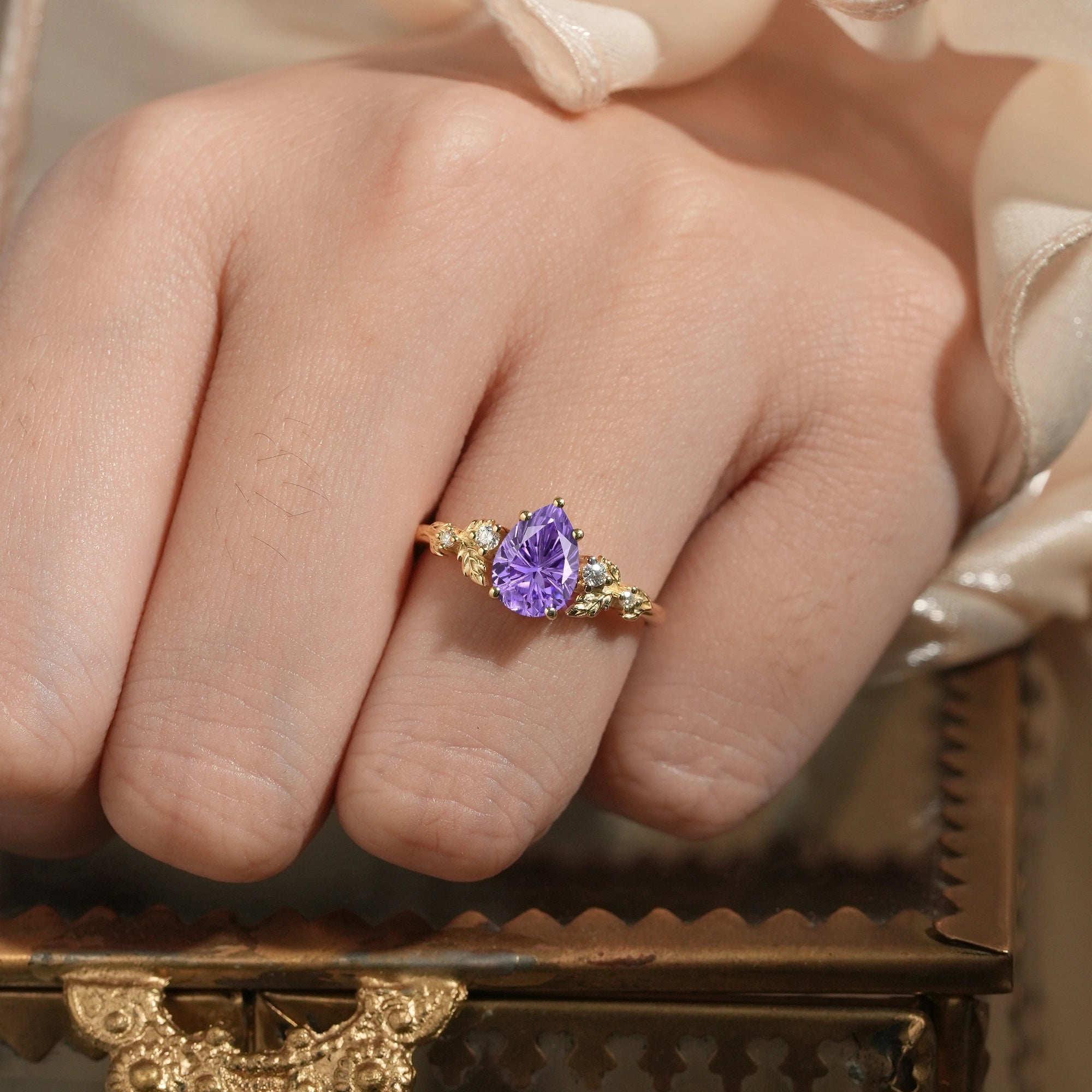 Pear Shaped Sparkle Cut Purple Sapphire Engagement Ring - Daisy - GemsMagic