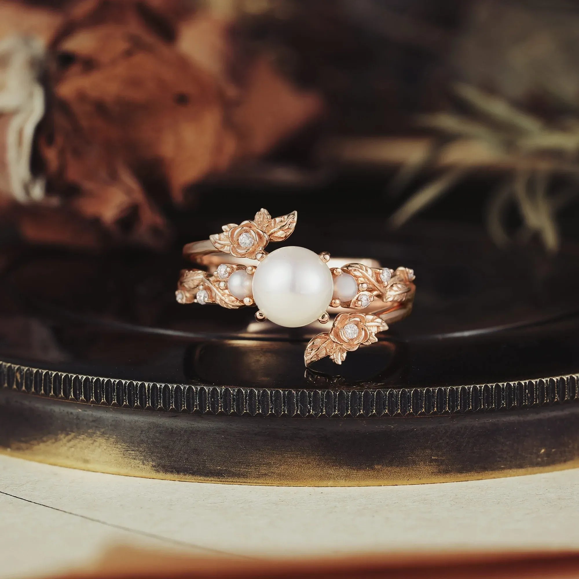 Pearl Engagement & Wedding Ring Set – Rose Blossom | Stella - GemsMagic