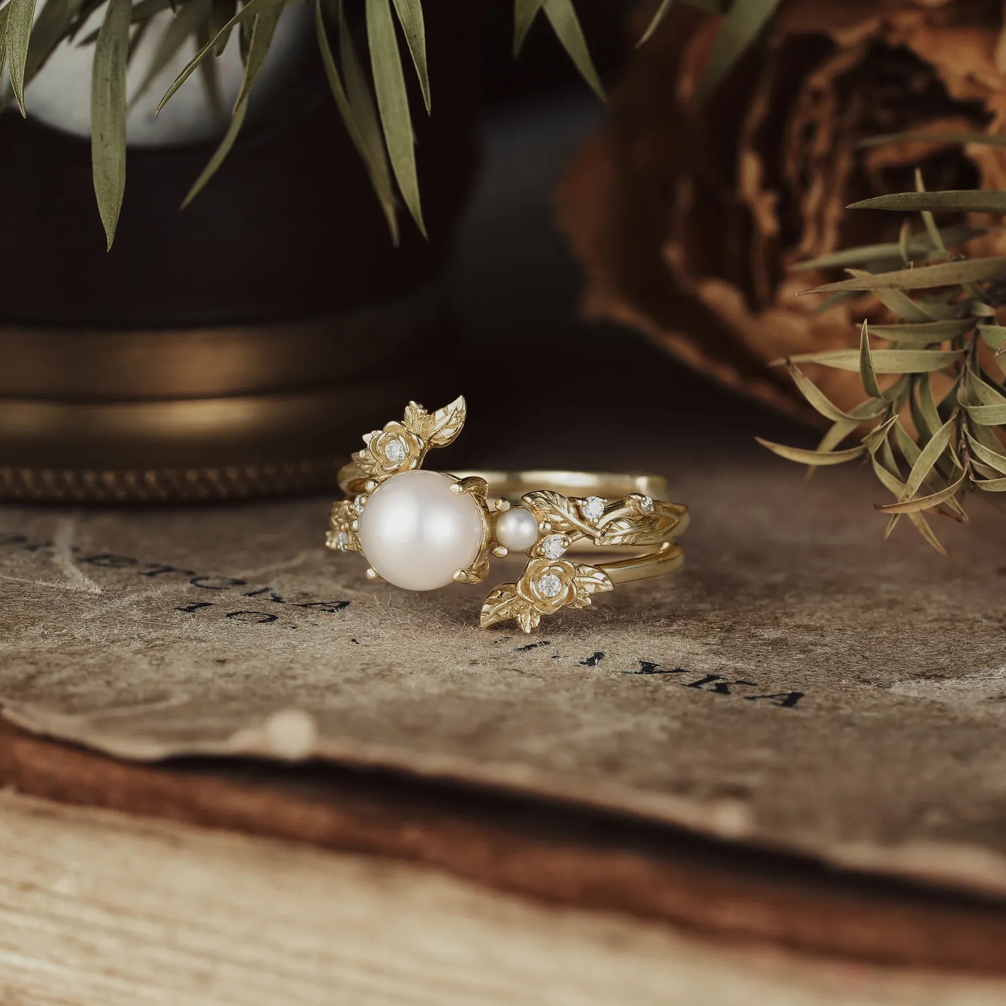 Pearl Engagement & Wedding Ring Set – Rose Blossom | Stella - GemsMagic