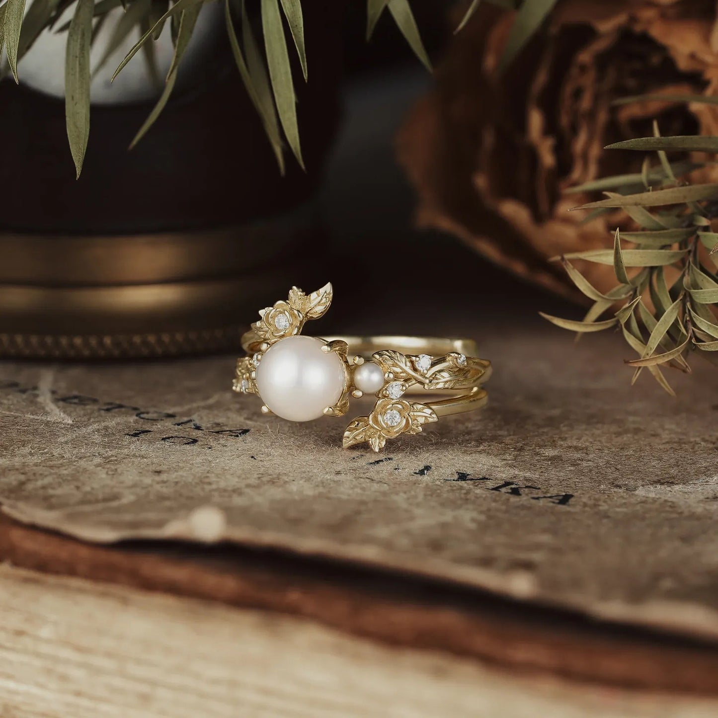 Pearl Engagement & Wedding Ring Set – Rose Blossom | Stella - GemsMagic