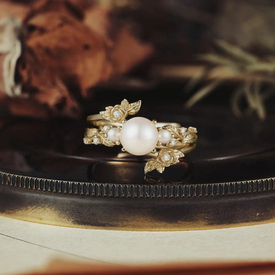 Pearl Engagement & Wedding Ring Set – Rose Blossom | Stella - GemsMagic