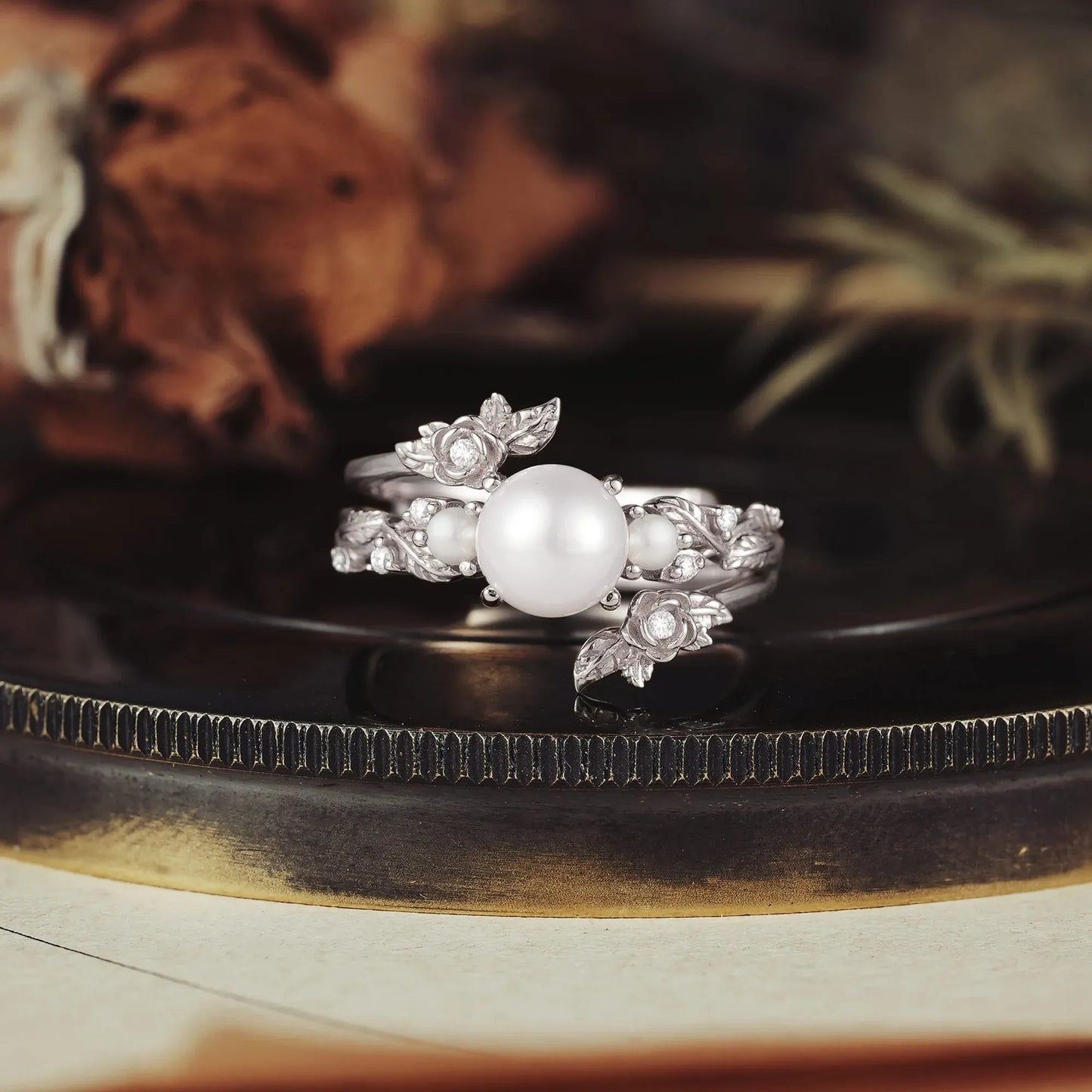 Pearl Engagement & Wedding Ring Set – Rose Blossom | Stella - GemsMagic