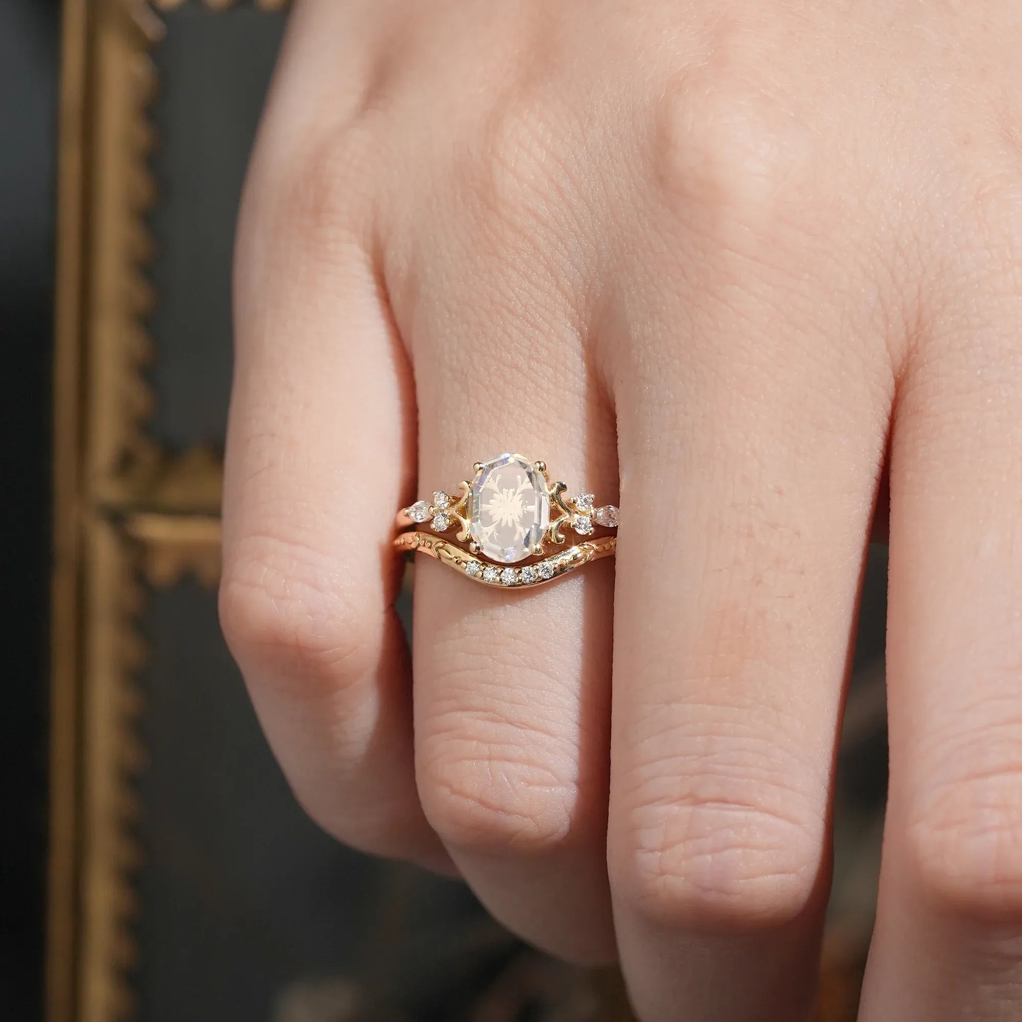 Portrait - cut Moissanite Engagement Ring Set 2pcs - Calliope - GemsMagic - GemsMagic