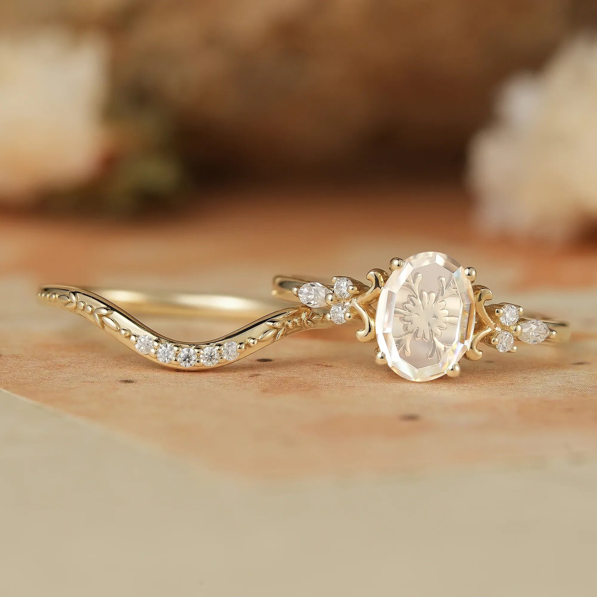 Portrait - cut Moissanite Engagement Ring Set 2pcs - Calliope - GemsMagic - GemsMagic