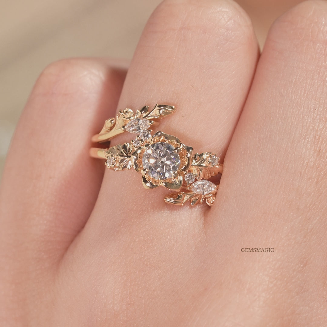 Blooming Rose Moissanite with Rose Buds Ring Set - Yuna