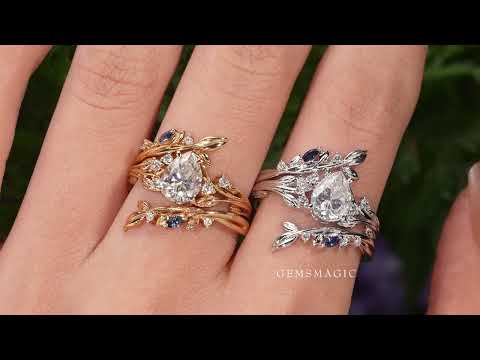 Load and play video in Gallery viewer, Nature Inspired- Moissanite Leaf Ring Set with Sapphire-Willow
