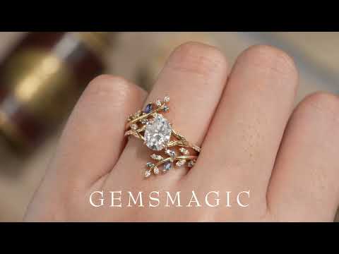 Load and play video in Gallery viewer, Oval Moissanite Half Eternity Leaf Engagement Ring Set 2pcs - Aphrodite - GemsMagic
