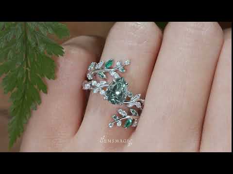 Load and play video in Gallery viewer, Aphrodite&amp;#39;s Enchanted Vine| Green Sapphire Cross Leaf Ehancer Ring Set - Leah
