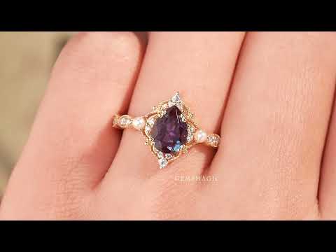 Load and play video in Gallery viewer, Pear Cut Alexandrite Milgrain Vintage Engagement Ring
