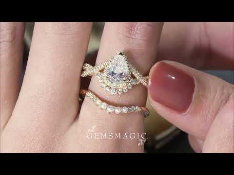 Load and play video in Gallery viewer, Pear Cut Moissanite Engagement Ring Set 3pcs - GemsMagic
